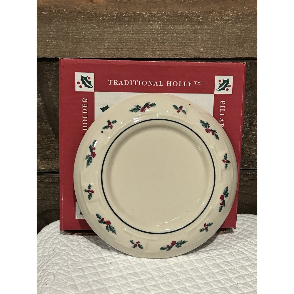 Longaberger Pottery Pillar Candle Holder Holly Berry Woven Traditions Christmas